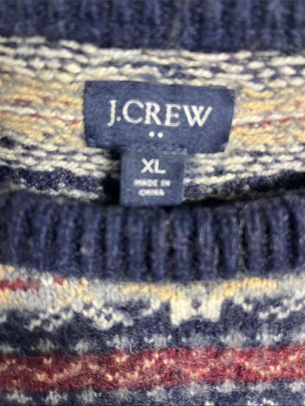 J. Crew Navy, Cream & Red Fair Isle Lambs Wool blend Crewneck knit Sweater